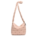 Light pink quilted tote bag with embroidered bows and ruffled shoulder strap - Pink