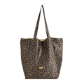 Grande borsa tote in tela leopardata con placca dorata e fodera interna gialla - Marrone