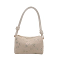 Borsa a cilindro in paglia beige con ricamo a fiori e tracolla in corda - Bianco Sporco