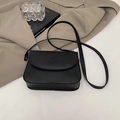 Minimalist black faux leather crossbody square bag with embossed fashion text and gold buckle - Black