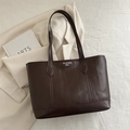 Deep brown faux leather tote bag with white lettering and long shoulder straps - Coffee without Pendant