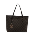Grand sac cabas marron foncé avec motif de lettres et pendentif logo doré chic - Marron