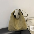 Minimalist olive green suede tote bag with grey leather strap and large capacity - Green
