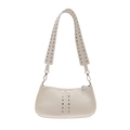 Vintage beige baguette shoulder bag with silver rivet studs and pebble leather texture - White