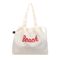 Cream nylon tote bag with red Beach lettering and drawstring closure for women - White