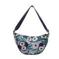 Floral canvas half-moon crossbody bag with blue and green flowers and wide strap - Blue Flower