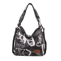 Borsa tote in tela da donna con stampa graffiti bianca e nera e etichetta in pelle - Nero
