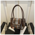 Borsa a mano vintage in lana a quadri marrone e blu con manici in pelle e fibbie in metallo - Blu