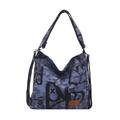 Borsa hobo in tela blu con motivi graffiti neri e toppa in pelle marrone - Blu