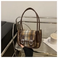 Borsa a tracolla retrò a quadri marroni con finiture in pelle e fibbie argentate - Marrone