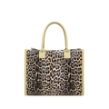 Große Shopper Tasche mit Leopardenmuster, cremefarbenen Henkeln und rechteckiger Form - Khaki