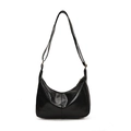 Classic black glossy faux leather hobo shoulder bag with adjustable strap for women - Black