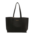 Bolso tote minimalista de cuero negro con letras doradas y asas delgadas elegantes - Negro