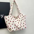 Chic cream canvas tote bag with red strawberry print for daily casual use - Red Strawberry Print