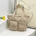 Grande borsa tote in velluto a coste beige con tasche multiple e spallacci per uso quotidiano - Cachi