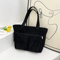 Borsa tote minimalista in velluto a coste nero con tasche multifunzionali capienti - Nero