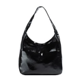 Bolso tote minimalista de charol negro con correa al hombro y bolsillo frontal - Negro