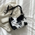 Borsa tote in morbido peluche con stampa mucca, tracolla regolabile e catena metallica - Stampa mucca