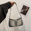 Sac baguette rétro en cuir bleu-gris et tissage crème avec boucle argentée - Gris