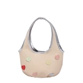 Sac sous le bras en toile beige avec bordure argentée et patchs cœur colorés - Argenté