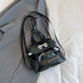 Mini zaino in pelle verniciata nera con fiocco argento e perline colorate blu - Nero