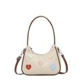 Borsa a tracolla intrecciata beige con cuori colorati e cinturini in pelle marrone - Marrone