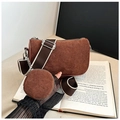 Bolso bandolera de pana marrón retro con monedero y correa de lona en contraste - Marrón