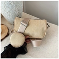 Bolso de hombro de pana beige con monedero redondo a juego y correa ajustable - Caqui