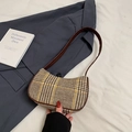 Retro brown plaid underarm bag with faux leather trim and adjustable shoulder strap - Brown Without Pendant