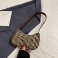Vintage houndstooth underarm bag with brown leather trim and retro half-moon shape - Coffee Without Pendant