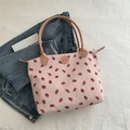Grand sac cabas en velours côtelé rose avec motif fraises et longues anses - Rose