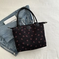 Grand sac cabas en velours côtelé noir avec imprimé fraises rouges pour femmes - Noir