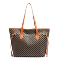 Classic vintage tote bag with gold geometric patterns and brown leather top handles - Brown