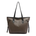 Retro geometric print tote bag with black leather handles and side drawstring details - Black