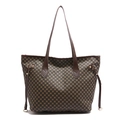 Retro geometric print tote bag with brown leather handles and gold metal hardware accents - Brown