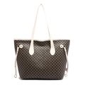 Vintage tote bag in dark brown with geometric print and cream white leather trim - White