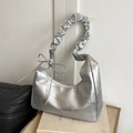 Silver metallic dumpling bag with ruched handle and bow decoration for women - Silver