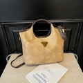Contrast mustard canvas bucket bag with brown leather straps and metal triangle logo - Coffee Without Pendant