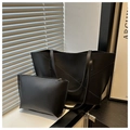 Conjunto tote minimalista de cuero negro con bolso grande y estuche a juego - Negro