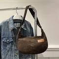 Brown corduroy shoulder bag with fashion leather label and stylish crescent moon shape - Brown