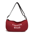 Minimalist vibrant red crescent crossbody bag with white FASHION BAGS text and black strap - Burgundy