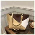 Bolso tote minimalista en marrón oscuro, beige y blanco de piel sintética suave - Caqui & Beige
