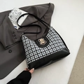 Blue plaid canvas tote bag with cute bear embroidery and black leather trim for women - Black