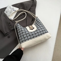 Chic plaid canvas crossbody bag with cream leather and a cute bear embroidery detail - White
