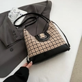 Brown plaid canvas crossbody bag with black leather trim and cute bear embroidery - Khaki and Black