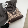 Brown leather and plaid canvas tote bag with bear patch in a vintage aesthetic style - Khaki with Coffee