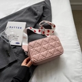 Pink heart-quilted square crossbody bag with white heart-patterned wide strap - Pink