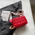 Red heart-quilted rectangular crossbody bag with wide patterned white strap - Red