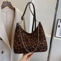 Fashionable leopard print faux suede crossbody bag with elegant gold chain strap - Large / Brown