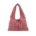 Plaid canvas tote bag in red and white checkers with casual drawstring shoulder straps - Red